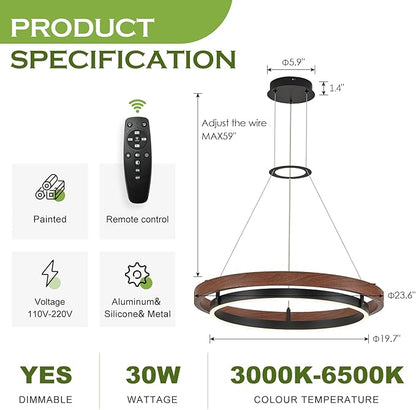 Benkut Modern LED Chandelier Circular Farmhouse Red Walnut Color, Dimmable LED Pendant Light with Remote Ring Chandelier Dining Room Light Fixtures for Kitchen Island Living Room Entryway, D23.6