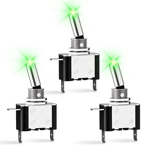 Nilight 3PCS Green LED Toggle Switches 12V 20A 3 Pin 2 Position ON Off SPST Heavy Duty Rocker Switch for Auto Car Marine RV Vehicles Truck Boat Dash