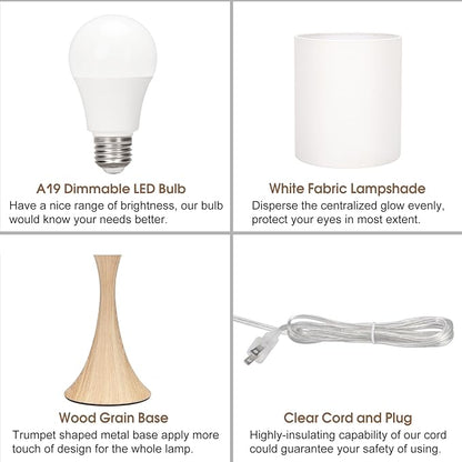 Bedside Touch Lamp, 3 Way Dimmable Touch Control Table Lamp, Wood Grain Farmhouse Table Lamp, Modern Nightstand Lamp with White Shade for Bedroom, Dorm, Office, 3000K LED Bulb Included