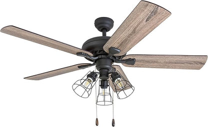 Prominence Home Lincoln Woods, 52 Inch Industrial Style LED Ceiling Fan with Light, Remote Control, Three Mounting Options, 5 Dual Finish Blades, Reversible Motor - 50745-01 (Bronze)