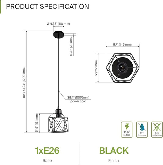 ASD Black Pendant Light Fixture - 1xE26 120V ETL Modern Pendant Lights Kitchen Island, Industrial Hallway, Living Room, Kitchen Island Lighting, Hanging Dining Room Light Fixtures Over Table 2 Pack