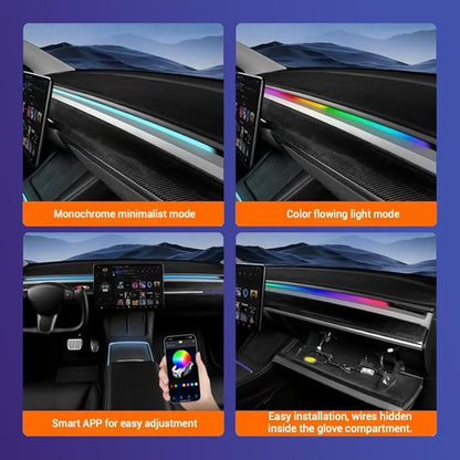 LED Car Ambient Lighting Strip for Tesla High Brightness with APP Control Multiple Colors and Car LED Strip Lighting Neon Lights for Model 3/Y (Dashboard& Center Console)