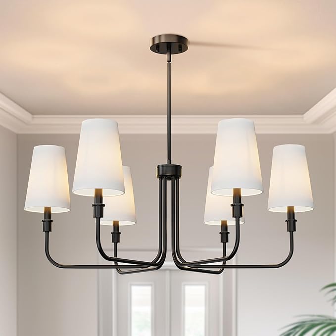 DORESshop 6-Light Chandelier for Dining Room Light Fixture Over Table, 33.86" Modern Matte Black Chandelier with White Linen Shades, Adjustable Hanging Light Fixture for Kitchen Island Foyer Hallway