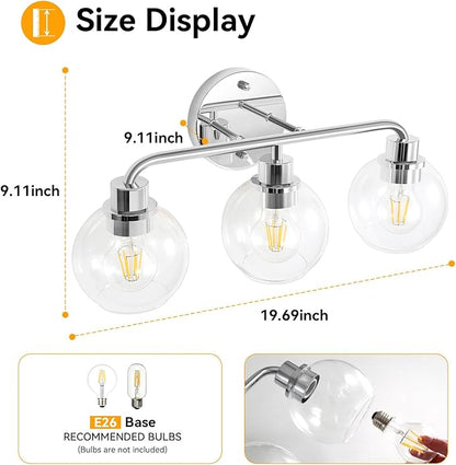 Bathroom Light Fixtures Chrome Vanity Light Silver 3 Light Modern Wall Sconces Lighting Bathroom Lights with Globe Glass Shades Bath Wall Lights Wall Lamp for Mirror Kitchen Living Room Hallway