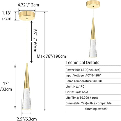 JoollySun Modern Crystal Pendant Light: Gold Mini Cone Hanging Light Fixtures for Kitchen Island Bathroom