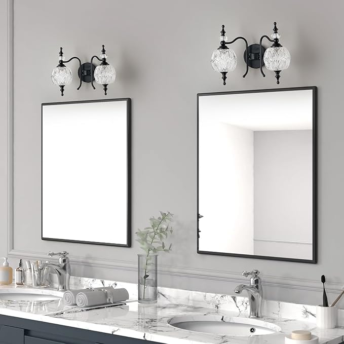 Vintage Crystal Bathroom Wall Sconces Black 2-Light Antique Vanity Light Fixtures Retro Wall Sconce Light with Crystal Glass Shade for Bathroom Bedroom Dinning Room