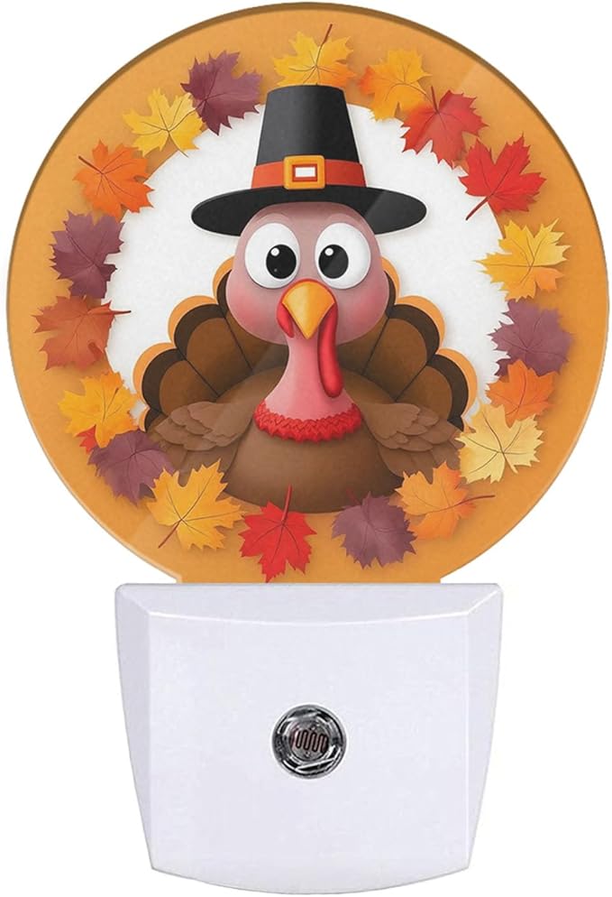EKOBLA Autumn Turkey Plug-in Night Light, Fall Turkey & Maple Leaf LED Nightlight with Dusk to Dawn Sensor for Bedroom, Bathroom & Kitchen
