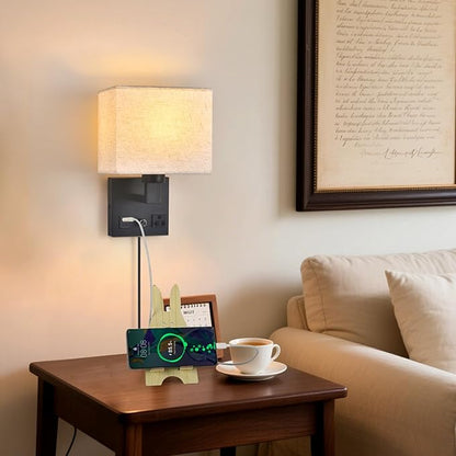 Bedside Wall Lamp for Bedroom, Plug in Wall Sconce - Dimmable Switch with AC Outlet & USB Charging Port, Fabric Shade, Black Wall Mounted Light for Living Room, Hotel (B8045-2Pack)