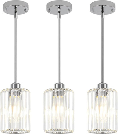 3 Pack Chrome Pendant Lights Kitchen Island, Modern Crystal Kitchen Pendant Lighting Over Island Adjustable Hanging Dining Room Light Fixtures Mini Pendant Light for Bathroom Hallway Bedroom Foyer