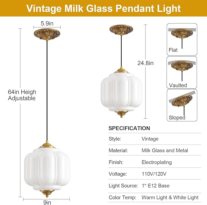Milk Glass Pendant Light, 9in Medium Schoolhouse Light Fixture, LED Bulb Included, Vintage Art Deco Chandelier for Kitchen Island Dining Room Bedroom Hallway, White & Antique Gold 1 Pack