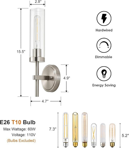 SANTOSTOCK Brushed Nickel Hardwired Wall Sconces Set of 2, Modern Bathroom Sconces Vanity Light Fixture, Farmhouse Wall Mount Lamps for Mirror Living Room Bedroom Hallway