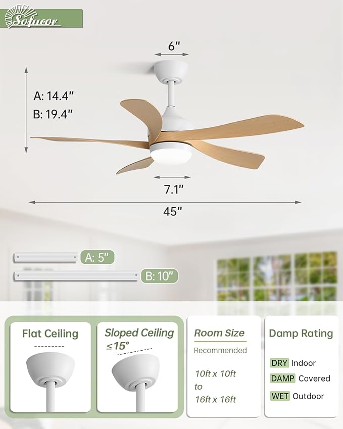 Sofucor 45" Smart Ceiling Fan, Outdoor Modern Ceiling Fans with Lights and Remote, Compatible with Alexa/Google/App, 3-Color Light 6-Speed Timing Reversible DC Motor for Living Room Bedroom Patio
