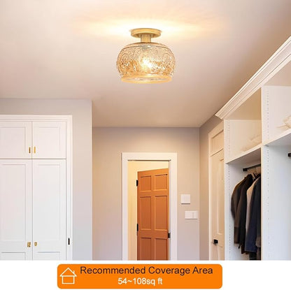 Brushed Brass Semi Flush Mount Ceiling Light with Amber Globe Glass Shade, Modern Hallway Lighting Fixtures, Vintage Ceiling Light for Kitchen, Bedroom, Closet, Entryway, Porch