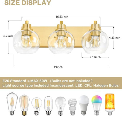 Tuscarora Bathroom Light Fixtures Gold Vanity Light 3 Light Wall Sconces Lighting Brushed Brass Bathroom Lights Bath Wall Lights Wall Lamp for Mirror (Brushed Gold & Clear Glass)