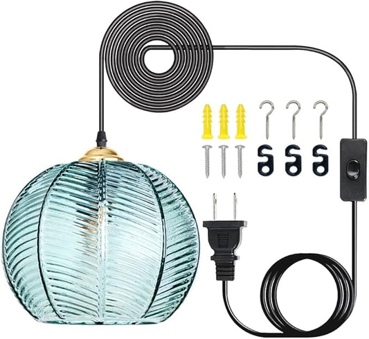 Plug in Glass Pendant Light Mid-Century Modern Striped Glass Hanging Ceiling Lighting Fixture with 14.7FT Cord, Globe Decor Chandelier for Living Room, Bedroom, Dining Hall, Kitchen (Green)
