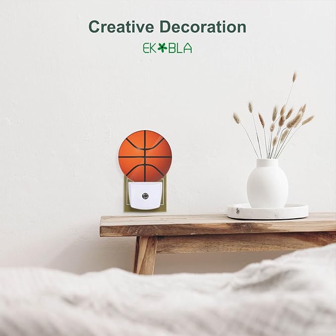 EKOBLA Basketball Night Light for Kids, Black & Orange Sports Design Night Light Plug in with Dusk to Dawn Sensor, Soft Warm Energy Saving Nightlight for Boys Room Men Cave