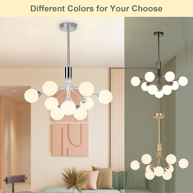 Depuley Glass Ball Sputnik Chandelier: 9-Light Modern Mid Century Chrome Chandelier Dining Room - 23.6" Globe Chandelier Light Fixture Height Adjustable Kitchen Over Table (Included G9 Bulbs)