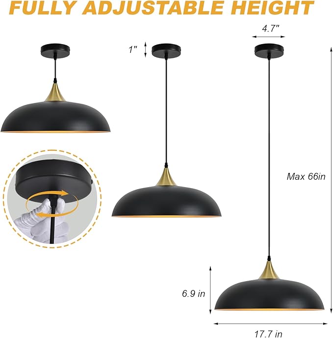 17.7" Large Pendant Light Fixtures, Dome Black and Gold Pendant Lights,Adjustable Pendant Lamps for Dining Room,Kitchen Island