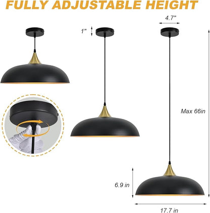 17.7" Large Pendant Light Fixtures, Dome Black and Gold Pendant Lights,Adjustable Pendant Lamps for Dining Room,Kitchen Island