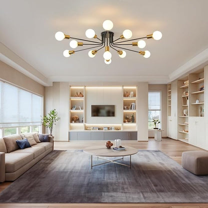 Black and Gold Oversized Semi Flush Mount Ceiling Light Fixture 13-Lights Modern Large Sputnik Chandelier for Office Living Room Bedroom Dining Room Kitchen