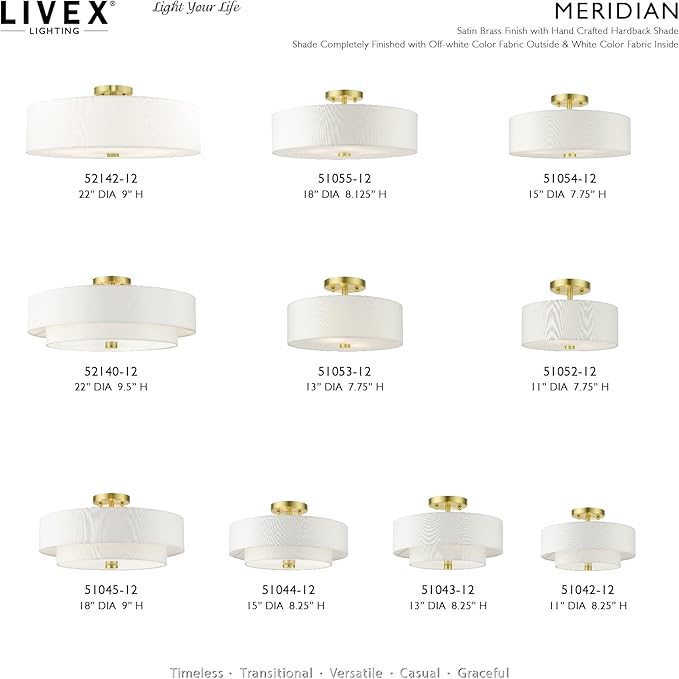 Livex Lighting 51045-12 Meridian Collection 4-Light Semi Flush Mount Ceiling Light with Off-White Hardback Fabric Shade, Satin Brass, 18 x 18 x 9