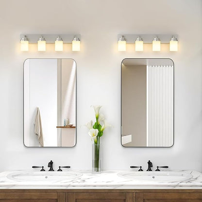 IZORRO Bathroom Vanity Light Fixture, 4-Light 30 Inch Brushed Nickel Bathroom Light Fixtures Over Mirror, with White Glass Shade, Modern Farmhouse Vanity Lights, Rustic Restroom Lighting Fixtures