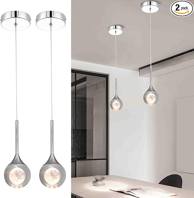 2 Pack Modern Crystal Moon Pendant Lights, Dimmable Natural White (3000K) LED Hanging Light Fixture for Kitchen Island Dining Room Bar Bedroom, Chrome Finish