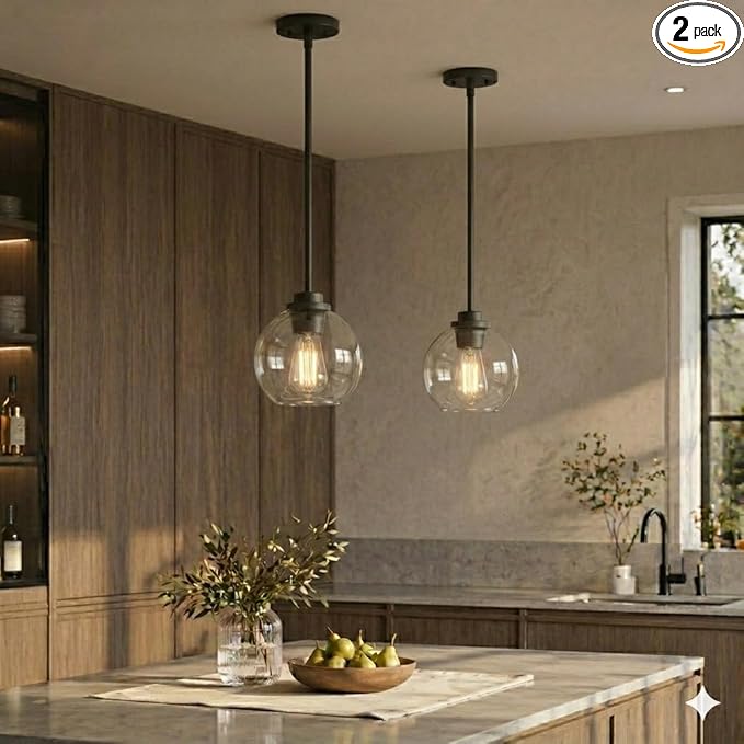 Pendant Light – 7 Inch Modern Hanging Fixture with Clear Glass Globe & Matte Black Finish, Adjustable Iron Rods & Sloped Ceiling Compatible for Kitchen Island Dining Room Bedroom Hallway, 2 Pack