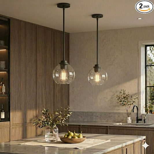 Pendant Light – 7 Inch Modern Hanging Fixture with Clear Glass Globe & Matte Black Finish, Adjustable Iron Rods & Sloped Ceiling Compatible for Kitchen Island Dining Room Bedroom Hallway, 2 Pack