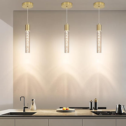 3 Pack Modern Kitchen Island Hanging Light, Gold LED Pendant Lights Fixture, Bubble Acrylic, 3 Color Temperatures, Mini Ceiling Chandelier Lighting for Dining Room, Bedroom, Foyer Entrance, Cafe Bar