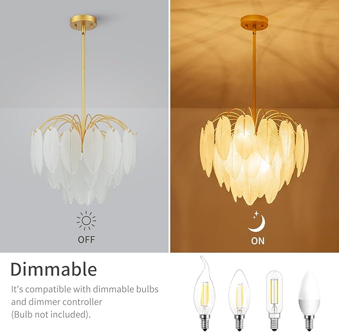 LumFurn 6-Light Gold Chandeliers, Modern 3-Tier Pendant Light Fixture for Dining Room, Living Room, Adjustable Height 19~51", Frosted Feather-Shaped Glass Shade & Brass Finish Frame