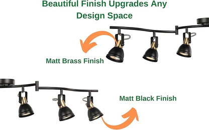 6 Light Foldable Track Lighting Kit,Matt Black Brass Finish Adjustable with Moden Ceiling Flush Mount Spotlight for Kitchen,Dining,Living Room,Home Improvement