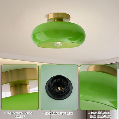 Green Ceiling Light - Mid Century Modern Flush Ceiling Light with Milk Glass Globe and Dark Green Lamp Shade in Brushed Brass for Dining Room