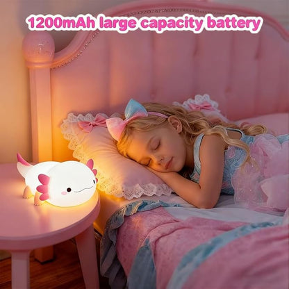 Cute Axolotl Night Light for Kids Bedroom, Animal Silicone Nursery Night Lamp Touch Control Nightlights USB Rechargeable Bedside Lamp for Baby Children Toddlers Girls Gift (Pink Axolotl)