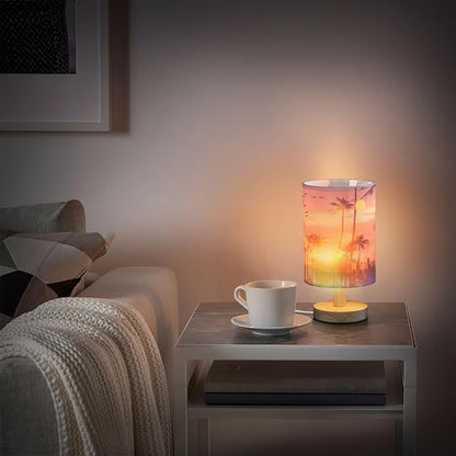 Bedside Table Lamp Tropical Palm Tree Sun Sunset Sky Birds Nightstand Lamp with Wood Desk Lamps for Bedroom Living Room Nursery Office Home Decor
