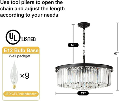 Black Crystal Chandelier Modern Luxury Chandelier Ceiling Lights Fixture for Dining Living Room Bedroom 9-Lights 3-Tier Raindrop Chandeliers Lighting (Black, Dia 24 Inch)