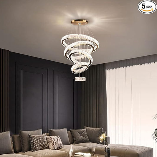 Dixun LED Big Crystal Chandeliers Modern 5 Rings Pendant Light Adjustable Ceiling Light for Bedroom Dinning Room Kitchen (Multicolor,Control by Switch)