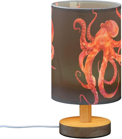 Watercolor Red Pink Octopus with Tentacle Marine Animal Sea Life Table Lamp with Wood Base Fabric Lamp Shade Bedside Nightstand Desk Lamp for Living Room Bedroom Kids Room Office