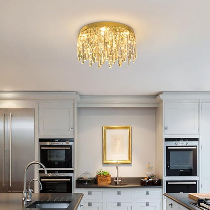 VETRULUS Gold Crystal Chandeliers for Dining Room 15.74" Round Luxury Flush Mount Crystal Ceiling Light Fixture Modern Chandelier for Bedroom Living Room Kitchen Island