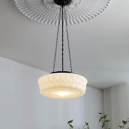 LIGHTLAND Milk Glass Pendant Light, 13.8 Inch Mid Century Semi Flush Mount Ceiling Light Fixture with 39.4 Inch Adjustable Chain, Vintage Chandelier for Bedroom, Living Room, Dining Room, Hallway