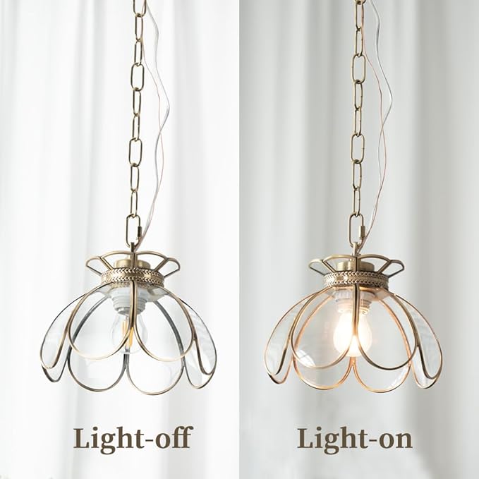 Brass Glass Ceiling Pendant Light, Hanging Chain lamp, with Vintage Lotus Flower Clear Glass Shade for Kitchen Island Dining Room Bedroom Living Room-7.9" Shade