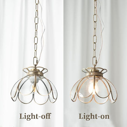 Brass Glass Ceiling Pendant Light, Hanging Chain lamp, with Vintage Lotus Flower Clear Glass Shade for Kitchen Island Dining Room Bedroom Living Room-7.9" Shade