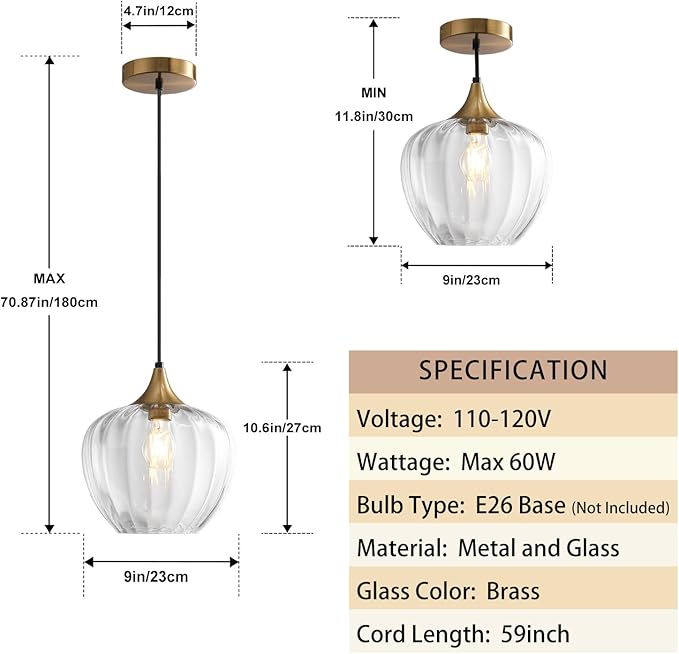 Clear Glass Pendant Lights Kitchen Island, 9" Round Lampshade Vintage Hanging Lamp Ceiling Lighting Fixtures, Gold Modern Chandelier for Dining Room Restaurant Bedroom Foyer Entryway