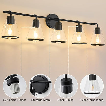 Bathroom Vanity Light 5 Light, Modern Vanity Lighting Fixture for Bathroom, 38.5" Vanity Lights with Clear Glass Shade, Black Bath-Room Wall Light Over Mirror, Wall Sconces for Bath