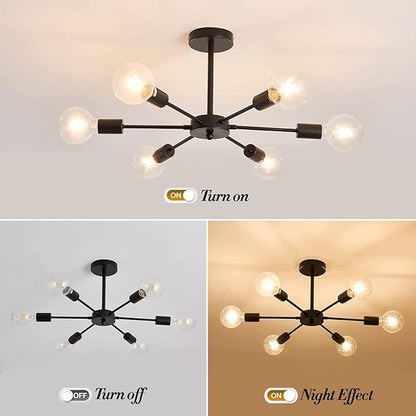 UOFUS Sputnik 6 Light Chandelier Black Mid Century Ceiling Light Fixture Modern Pendant Lighting for Kitchen Dining Room Living Room Bedroom