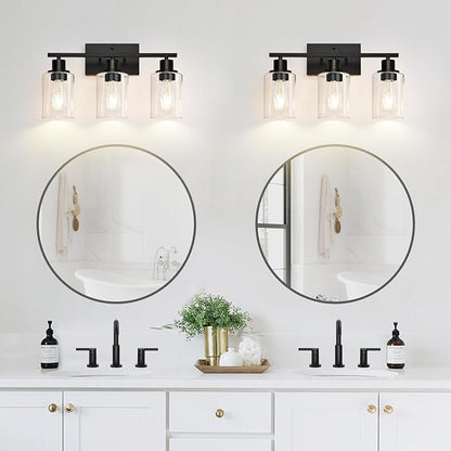 Indoi 3 Light Bathroom Light Fixtures, Matte Black Modern Vanity Lights with Clear Glass Shade, Bathroom Wall Lamp for Mirror Kitchen Living Room Hallway Cabinet Porch