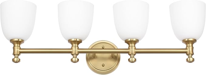 Gold Bathroom Vanity Light, 4-Light Bathroom Light Fixtures Over Mirror, Traditional Vanity Lights for Living Room, Milk White Bell Glass Shades, Standard E26 Base, Aged Brass
