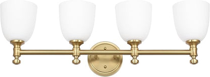 Gold Bathroom Vanity Light, 4-Light Bathroom Light Fixtures Over Mirror, Traditional Vanity Lights for Living Room, Milk White Bell Glass Shades, Standard E26 Base, Aged Brass