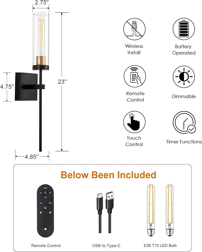 SANTOSTOCK Battery Operated Wall Sconce Set of 2, Black & Gold Wireless Sconces Wall Decor, Rechargeable Wall Lights for Bedroom Living Room Entryway Bathroom Hallway Stairwell