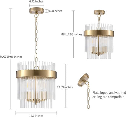 Dijiahua 3-Light Gold Pendant Lights Kitchen Island, 2-Tiers Crystal Pendant Light Fixtures Over Table, 12.6''Dia Brass Dining Room Glam Chandelier,Modern Adjustable Cord Hanging Lamp for Bedroom